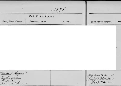 Das Bild zeigt eine Seite aus einem Kirchenbuch über Standesamtliche Eheschließungen von 1891 in Schreibschrift